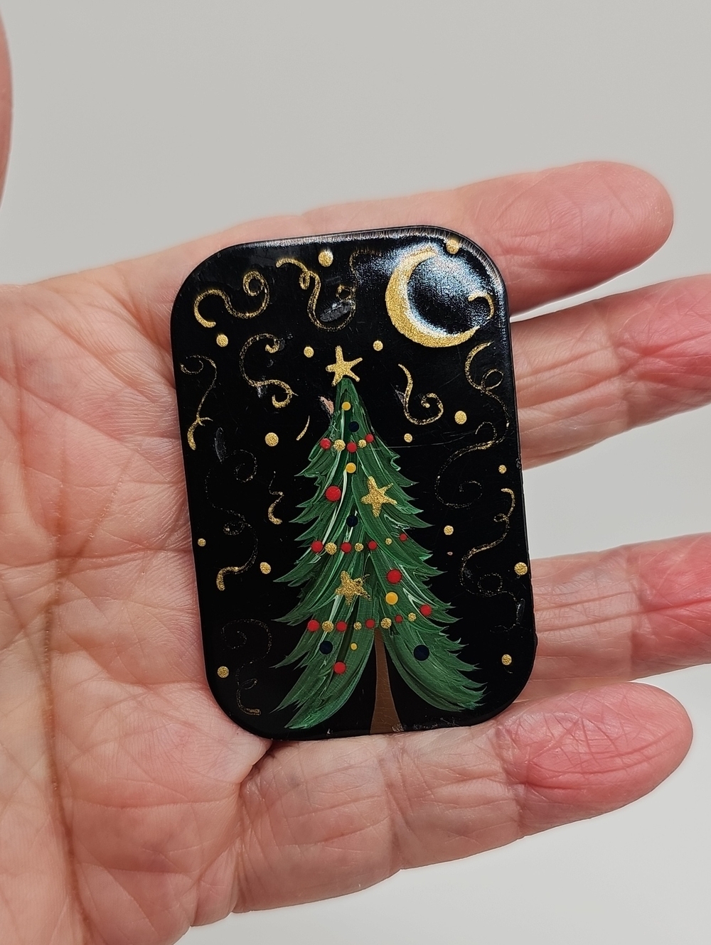 Hand-Painted Black Christmas Tree On Copper Brooch. Signed.